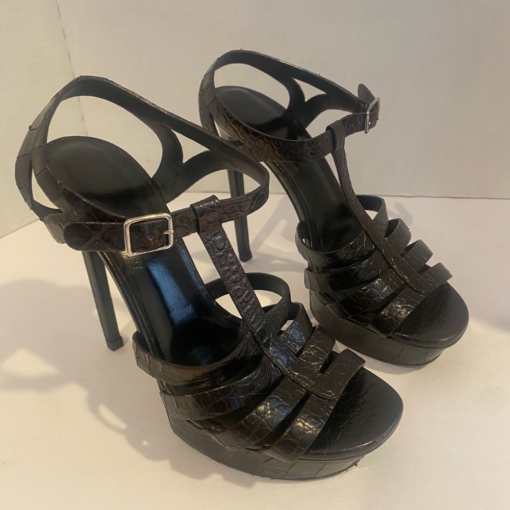 Saint Laurent Textured Platform Strappy Heels